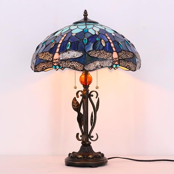 Tiffany Table Lamp Blue Dragonfly Stained Glass Desk Reading Light 16X16X24 Inch Metal Leaf Base for Bedroom Living Room Home Office