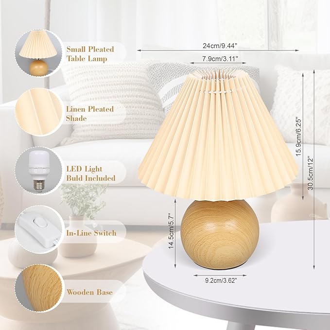 Small Pleated Table Lamp, Bedside Nightstand Lamp with Beige Lampshade, Morden Mini Lamp for Bedroom Home Office Decor, E27 Bulb Included