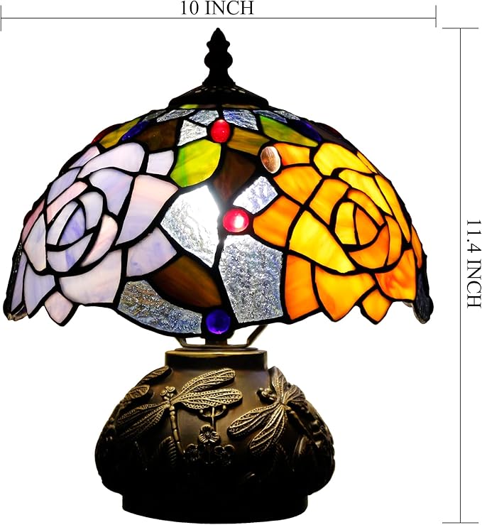Small Tiffany Table Lamp Yellow Purple Rose Style Stained Glass Desk Lamp 10X11.5 Inch Mushroom Table Light for Office Home Living Room Bedroom