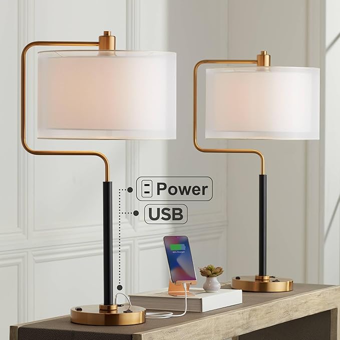Possini Euro Design Carlyle 30 1/2" Tall Large Mid Century Modern Glam Luxe Desk Lamps Set of 2 USB Port AC Power Outlet Gold Black Metal White Shade Home Office Living Room Charging Bedroom Bedside