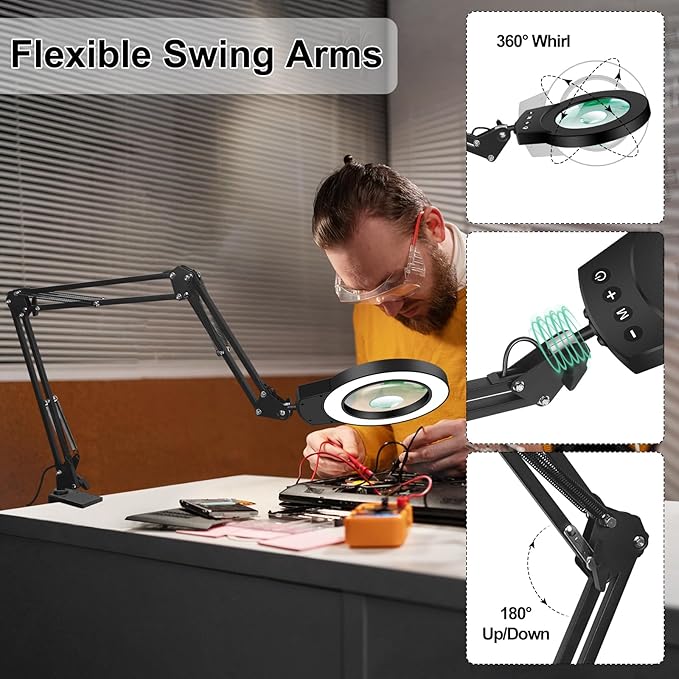 NOEVSBIG Desk Magnifying Glass with Light 10+5X Desktop Lamp Close Work Up for Table Crafting, Reading, Sewing, Panting, Soldering, Ultra Long 3-Section Swing Arm Design for Large Workbench
