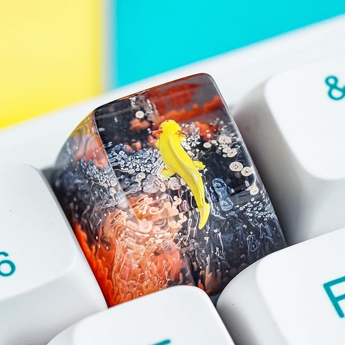 Yellow Axolotl in Red Black Ocean Coral Artisan Keycap R1 SA Profile Custom Animal Keycaps 1U ESC Handmade Gaming Resin Key Cap Cherry MX Switch Compatible Mechanical Keyboard Axolotl Lover Gift