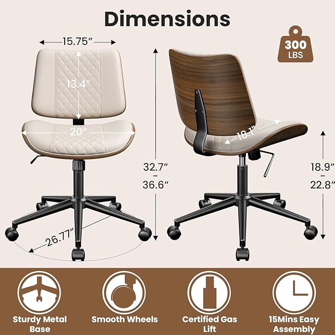 Home Office Chair with Wheels, Armless Office Desk Chair Adjustable Height, Swivel Rolling Modern Walnut Mid Back Computer Task Chair for Home Office, Small Space, Beige, Lozenge Pattern