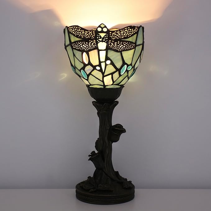 Small Tiffany Lamp Mini Stained Glass Table Lamp Blue Dragonfly Accent Desk Uplight W6 H13.5 Inch Bronze Resin Base