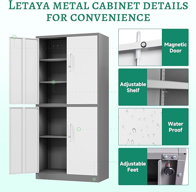 Letaya Metal Storage Cabinet with Lock Door, Adjustable Shelf Steel Cabinets for Office, Home,Pantry,Kitchen,Garage Utility Cabinet (4 Door-White&Gray)