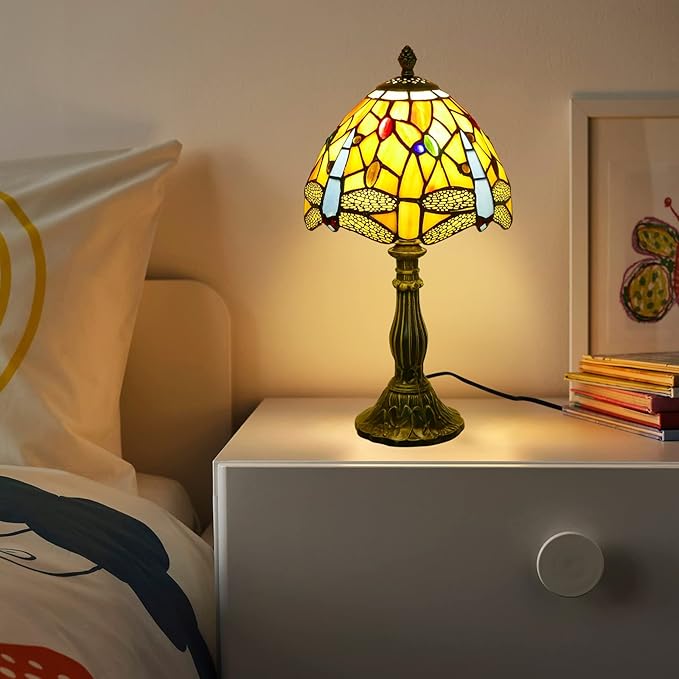 Tiffany Lamp Dragonfly Style Stained Glass Table Lamp Desk Reading Light, 8" Wide 15" Tall Bedside Table Lamp Decor for Small Space Bedroom Home Office