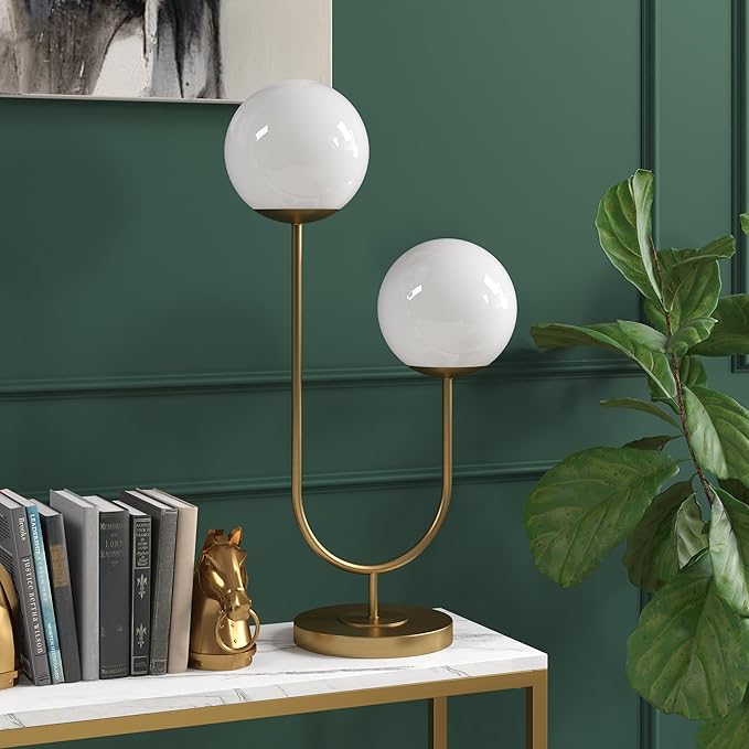 Henn&Hart 28'' Mid-Century Modern 2-Light U-Shaped Table Lamp with White Milk Glass Globe Shade for Living Room, Bedroom, or Office, Brass