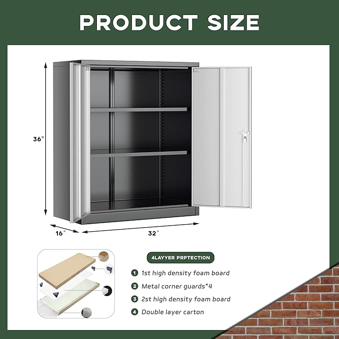 Greenvelly Metal Cabinet, 36" Locking Storage File Cabinet with Doors and Shelves for Office,Home,Gym,School,Kitchen(Black Grey)