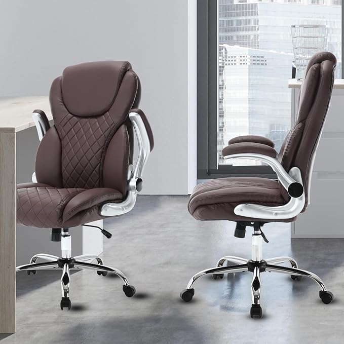 Leather Executive Office Chair, High Back Ergonomic Office Desk Chairs with Wheels, 90-120° Rocking Managerial Chair Home Computer Chairs with Flip-up Armr and Lumbar Support(Dark Brown)