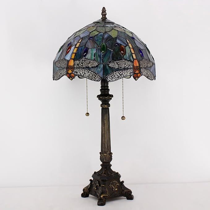 Tiffany Table Lamp Brown Yellow Stained Glass Desk Lamp 12X12X21 Inches Dragonfly Style Reading Light