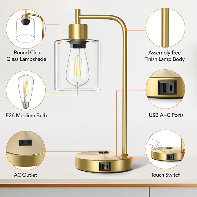 QiMH Set of 2 Industrial Touch Control Table Lamps with 2 USB Ports and 2 AC Outlets, 3-Way Dimmable Bedside Nightstand Reading Lamps with 2700K LED Bulbs, Glass Desk Lamp for Living Room,Bedroom