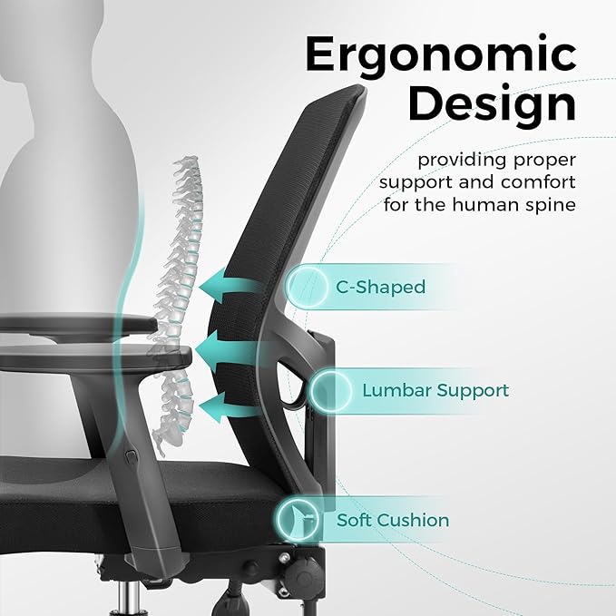 ALPHA HOME Office Chair Ergonomic, Mid Back Mesh Computer Chair with Lumbar Support Executive Stool with Adjustable Armrest & Seat Cushion, BIFMA & SGS Certified