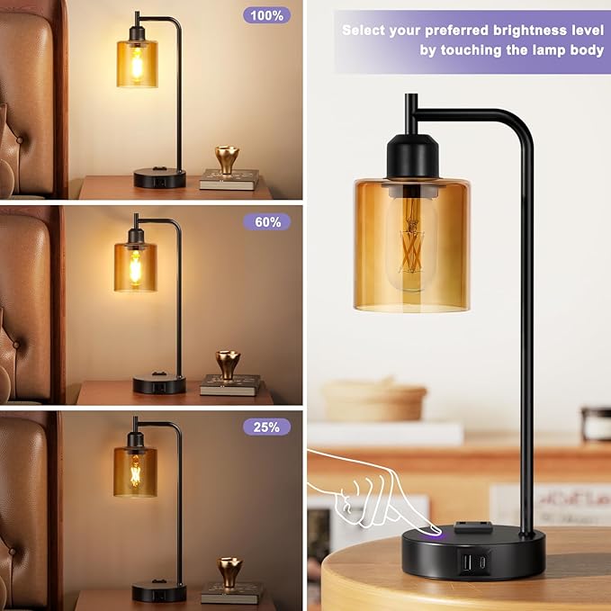Industrial Touch Nightstand Lamps for Bedrooms Set of 2 - 3-Way Dimmable Table Lamps with USB C+A Ports and Outlet, Bedside Lamps with Amber Glass Shade for Living Room, Desk Lamps for Home Office
