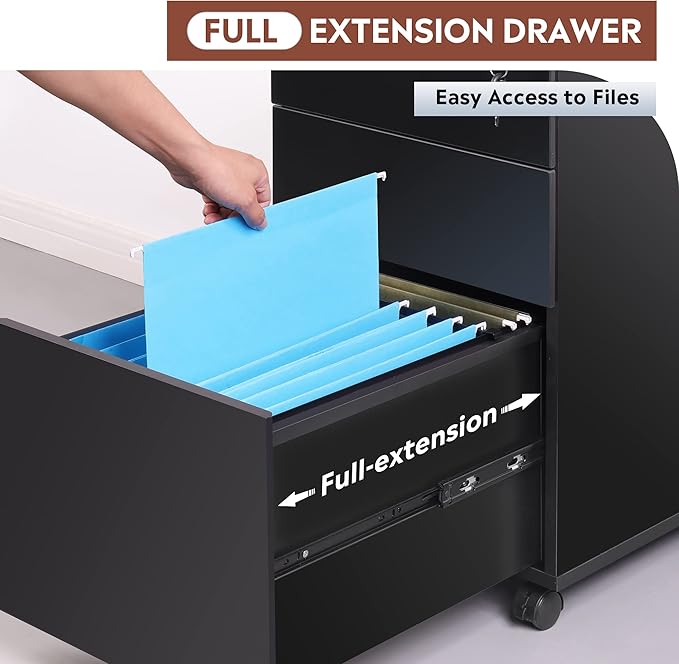 DEVAISE 3 Drawer File Cabinet with Lock, Small Rolling Filing Cabinet Under Desk, Wood Office Drawers Fits Letter/Legal/A4 Size Folders, Black