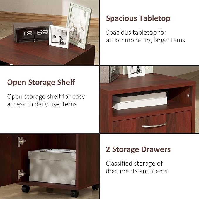 HOMCOM Mobile Storage Cabinet Organizer with Drawer and Cabinet, Printer Stand with Castors, Brown