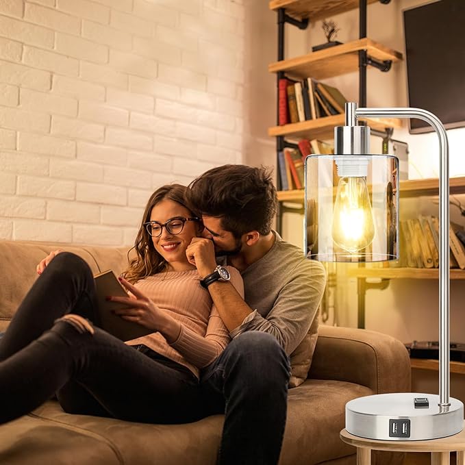 Industrial Touch Control Table Lamps Set of 2 - Brushed Nickel Nightstand Bedside Lamps with 2 USB Ports & AC Outlet, 3-Way Dimmable Desk Lamp for Bedroom Living Room, Glass Shade & LED Bulbs Included