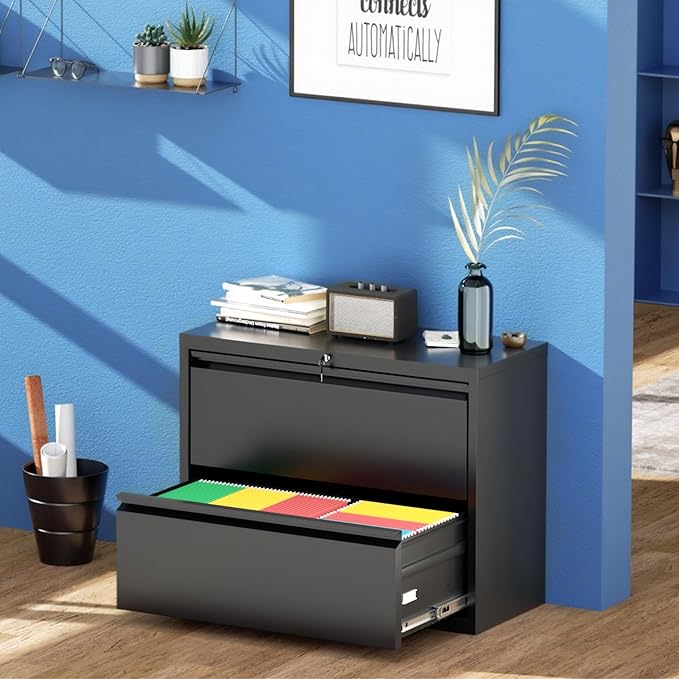 Greenvelly 2 Drawer File Cabinet, Black Metal Lateral File Cabinet with Lock, Office Filing Cabinet for Legal/Letter/A4/F4 Size with Hanging Files&Key, Lockable File Cabinets for Home Office