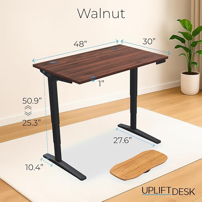 UPLIFTDESK V2 2-Leg Walnut Laminate Wood Standing Desk – Adjustable Height, Advanced 1-Touch Memory Keypad, Under Desk Cable Management, Wire Grommets & Rocker Board (Black C-Frame, 48 x 30 inch)