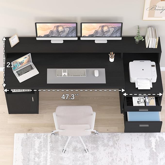 Computer Desk with 3 Drawer & Storage Shelves, Home Office Desk with File Drawer & Cabinet, Writing Study Table with Long Monitor Stand & Printer Shelf, Executive Desk, Black
