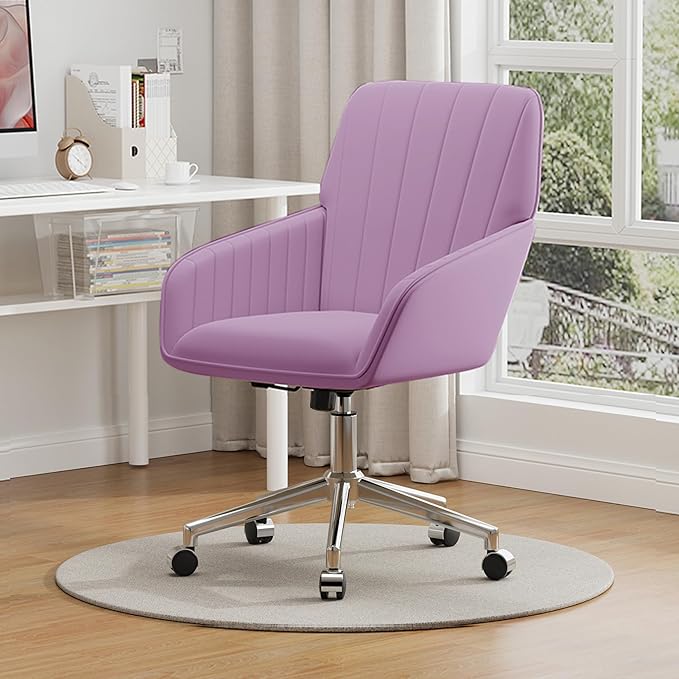YISHENG Velvet Office Desk Chair with Silver Base, with Wheels,Modern Height Adjustable 360 Degree Swivel Upholstered Vanity Chairs with Arms for Living Room Bedroom,Light Purple