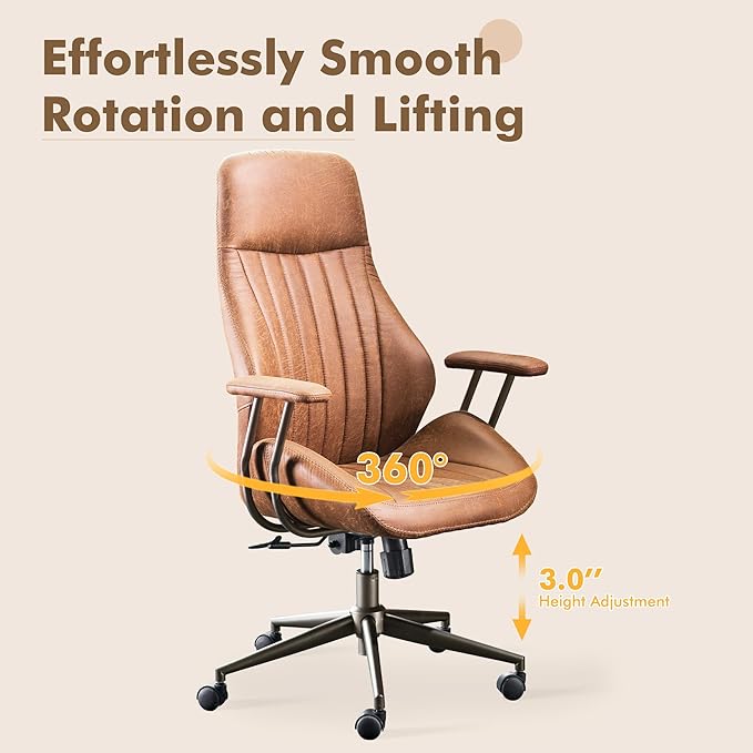 High Back Home Office Chair,Mid Century Modren Ergonomic Executive Chair,Lumbar Support Swivel Task Chair with Wheels,Computer Desk Chair Suede Fabric,350LBS (Brown)