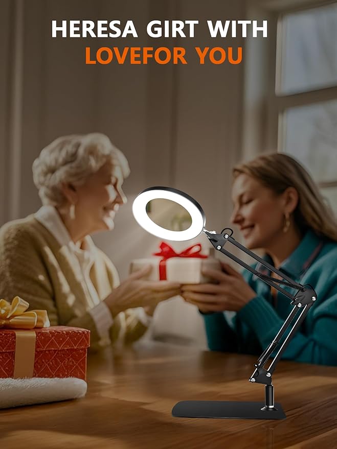 10X Magnifying Glass with Light and Clamp, Real Glass Lens Magnifier Lamp with 3 Color Modes & 270° LED Light, Dimmable Hands-Free Desk Clamp Lamp for Crafts, Reading, Painting, Repairing