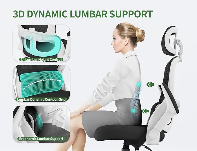 Ergonomic Office Chair - Computer Desk Chair with Adjustable Lumbar Support - 400lbs Executive Desk Chair High Back with Headrest Flip-Up Arms for Long Hours, Rolling Chair (White Black)