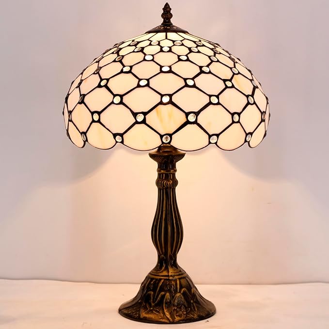 WERFACTORY Tiffany Lamp Cream Amber Stained Glass Bead Table Lamp Desk Bedside Reading Light 12X12X18 Inches Deco Bedroom Living Room Home Office S005 Series