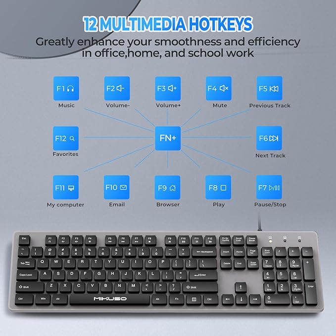 Wired Computer Keyboard Character anti fading,Corded Low-Profile, 12 Multimedia Hotkeys,1.6m Cable USB Interface Plug and Play Suitable for Computers, Laptop and PC,Full-Size,Number Pad, Office