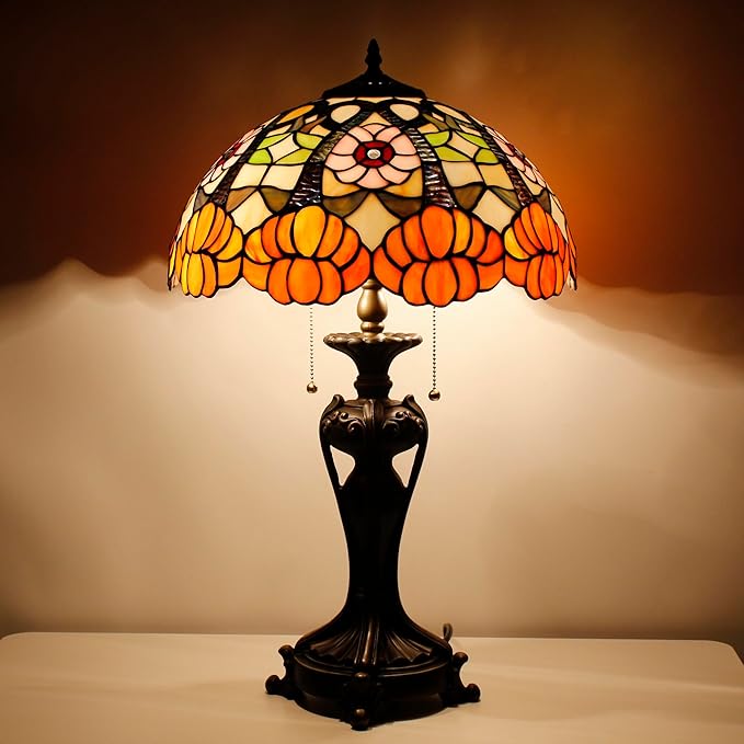 Tiffany Stained Glass Table lamp 16X16X24 Inch Orange Flower Style Desk Bedroom Living Room Antique Reading Light (Orange Flower)