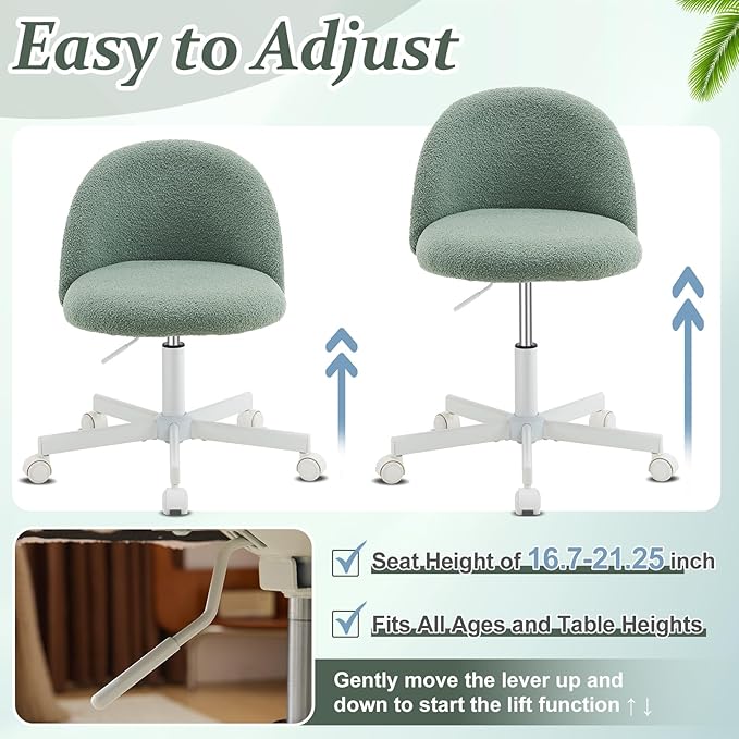 VINGLI Cute Candy Chair Armless Comfy Small Office Desk Vanity Chair with Wheels & Lumbar Support,Teddy Adjustable Rolling Swivel Computer Task Ch for Home Office,Bedroom,MintGreen