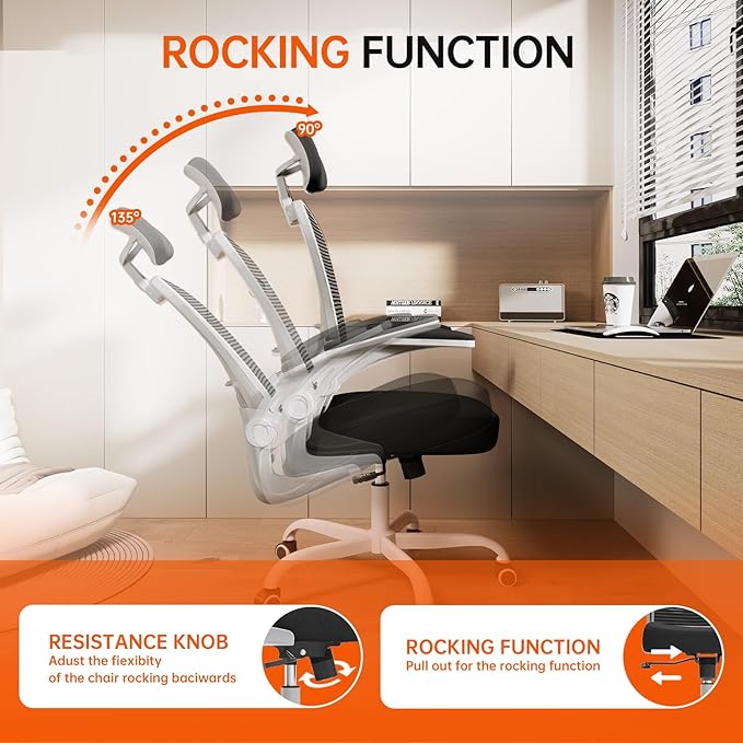 Office Chair Ergonomic Desk Chair, 330LBS Capacity, High Back Computer Chair for Long Hours Comfortable, Rolling Swivel Chair for Home Office, Flip-up Armrests(Grey Black)