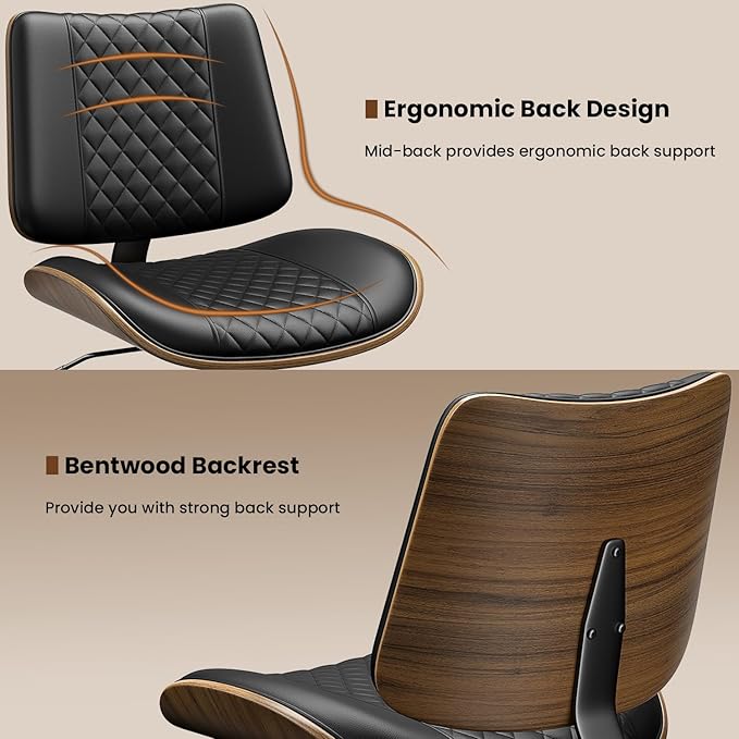 Home Office Chair with Wheels, Armless Desk Chair Adjustable Height with Lumbar Support, Swivel Rolling, Modern Walnut Backrest for Office, Small Space, Black, Lozenge Pattern