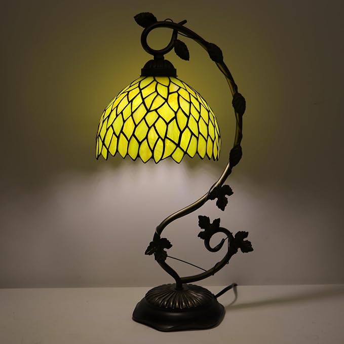 Tiffany Table Lamp, Stained Glass Desk Reading Light,Metal Leaf Table Lamp Base 8X10X21 Inches (Yellow Wisteria)