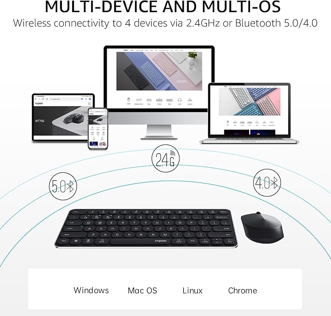 Rapoo 9010M Multi-Device Keyboard and Mouse Combo, 2.4GHz/Bluetooth 5.0/4.0 Wireless Keyboard & Mouse Set for Windows/Mac/Linux/Chrome, Support 4 Devices, Low-Profile Silent Click, Battery Powered