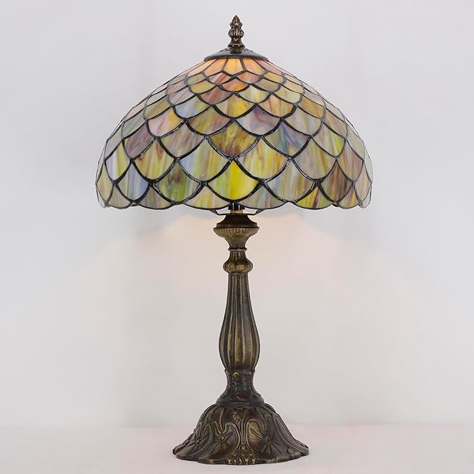 Tiffany Lamp Touch Control Table Lamp Yellow Green Stained Glass Desk Lamp 12X12X19 Inches Fish Scales Style Reading Light