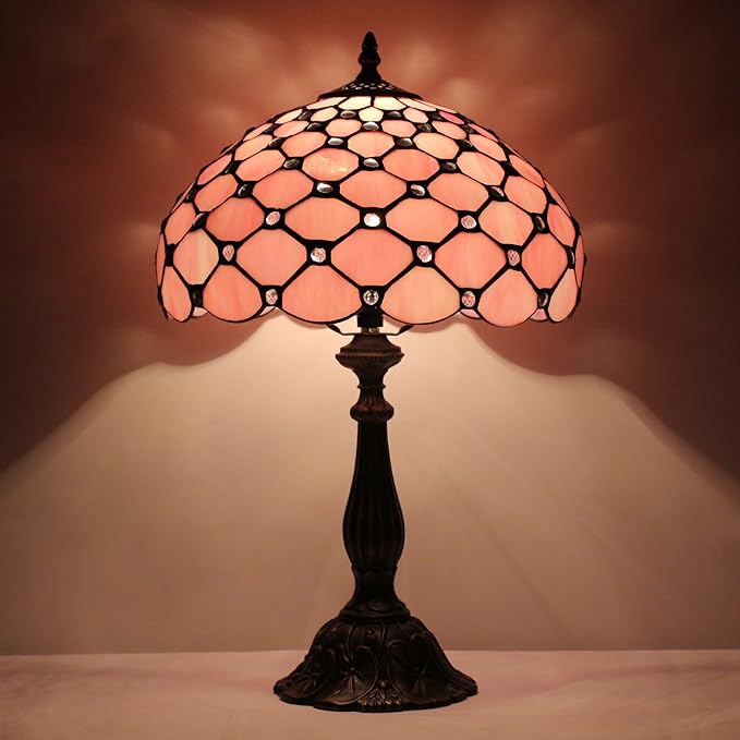 Tiffany Lamp Touch Control Table Lamp Pink Bead Style Stained Glass Desk Lamp 12X12X19 Inches Reading Light