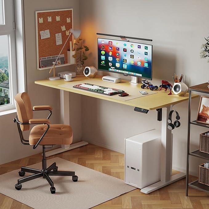 40x24 Inches Height Adjustable Electric Standing Desk with 2 Hooks for Home Office, Ergonomic Sit Stand up Desk with Splice Board, Oak
