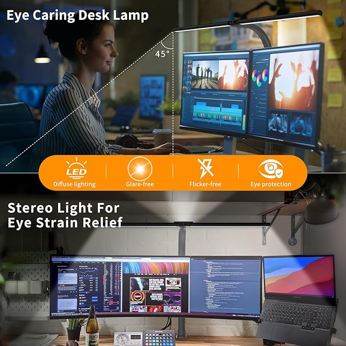 LED Desk Lamp for Home Office - 24W Bright Double Head Desk Light with Clamp Eye Caring Architect Task Light 25 Lighting Modes Adjustable Flexible Gooseneck Lamp
