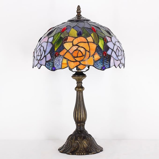 Tiffany Lamp Touch Control Table Lamp Orange Purple Stained Glass Desk Lamp 12X12X19 Inches Rose Flower Style Reading Light