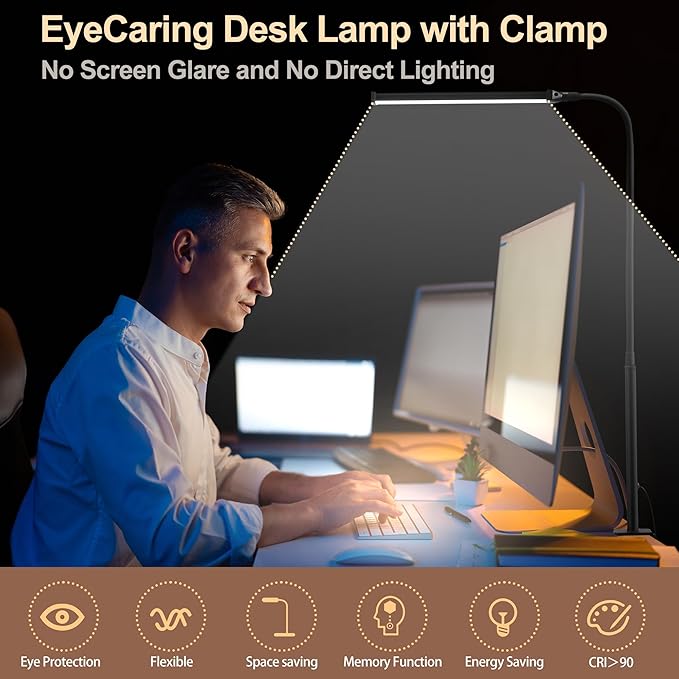 Led Desk Lamp for Home Office, Eye-Caring Desk Light with Clamp, Clip on Light for Reading, 3 Modes 10 Brightness, Flexible Gooseneck, Memory Function, Study, Work, Draw, White