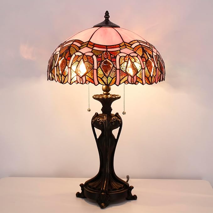 Tiffany Lamp Stained Glass Table Lamp 16X16X24 inchTiffany Style Desk Reading Light Resin Base Decor Bedroom Living Room Home Office (Pink Jewelry)