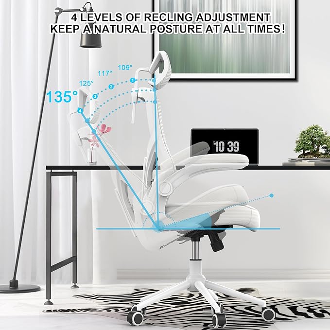 Home Office Chair, Ergonomic Comfy Desk Chair, High Back Computer Chair- Adjustable Headrest with Flip-Up Arms, Lumbar Support, Swivel Executive Task Chair (Modern, White)
