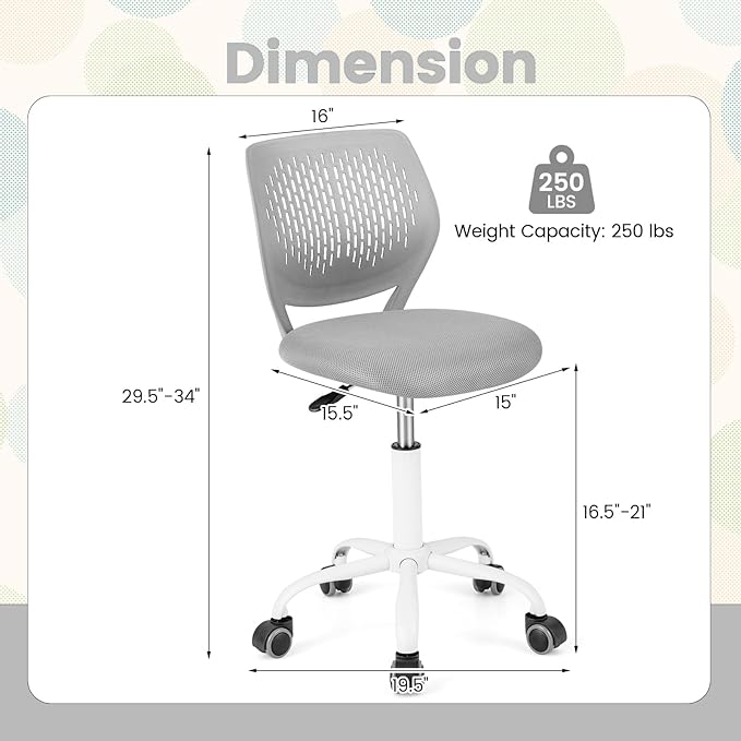 POWERSTONE Small Home Office Desk Chair, Swivel Rolling Study Computer Chair, Adjustable Height Task Chair with Armless Mid Back, Upholstered Mesh Seat, Grey