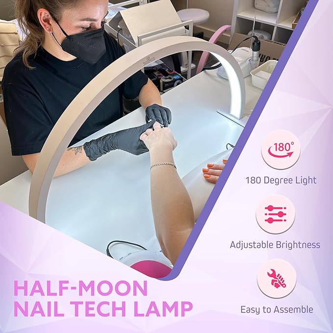 Half Moon Nail Desk Lamp – 3360 Lumen LED Light for Nail Techs, Tattoo & Lash Work, Moon Light for Desk – Sleek White Design, Button Control