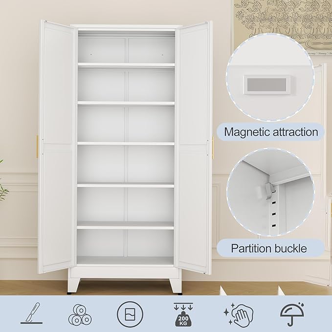 White Metal Storage Cabinet,75" Steel Cabinets for Home Office, Kitchen Pantry Storage Cabinet with Doors and 5 Adjustable Shelves, Tool Cabinets, for Office, Home, Garage, School