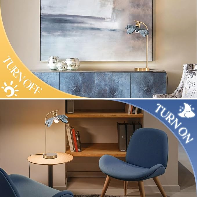 Gold Table lamp set of 2, Touch Table lamp with Blue Glass Flower Shade Mid Century Modern Lamps Bedside nightstand lamp Side Table Lamps Small Table lamp for Bedroom Living Room Office Farmhouse