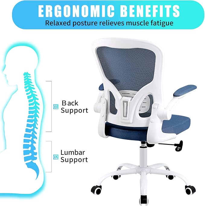 Flysky Ergonomic Office Chair, Mesh Home Office Desk Chair with Flip-up Arms and Lumbar Support, Height Adjustable, Swivel, White & Blue