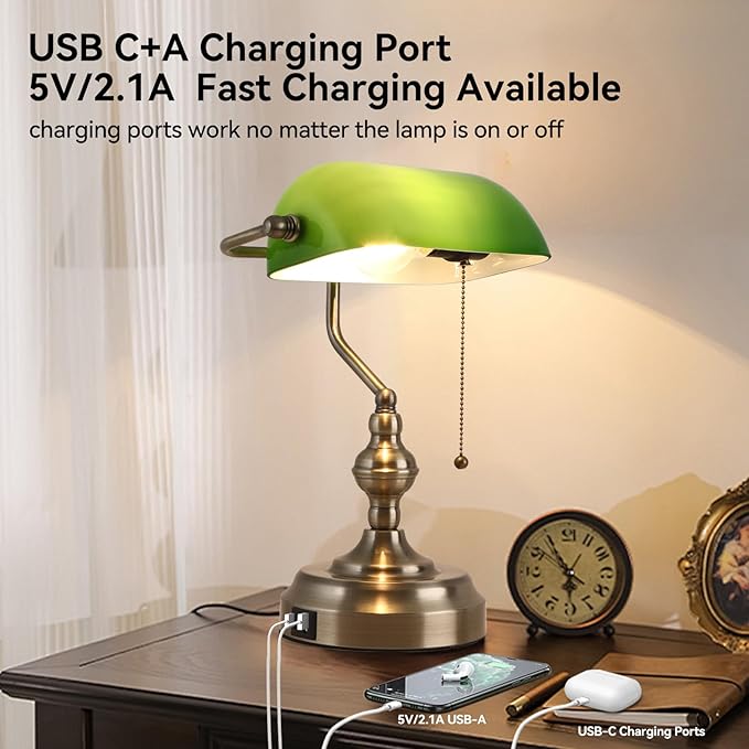 Green Glass Banker's Desk Lamp, Antique Banker Desk Lamps, Traditional Library Lamp with USB Charging Port, Vintage Desk Lamp Green Shade for Office Study Room, Pull Chain Switch