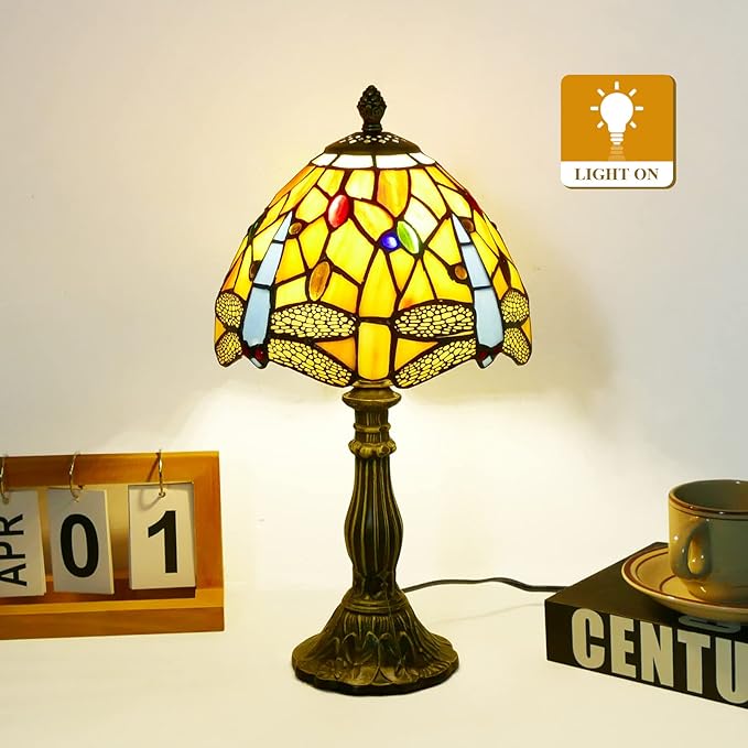 Tiffany Lamp Dragonfly Style Stained Glass Table Lamp Desk Reading Light, 8" Wide 15" Tall Bedside Table Lamp Decor for Small Space Bedroom Home Office